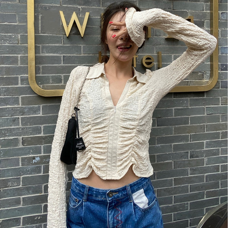Llyge  Graduation party  Crop Top Women Deep V Neck Slim  Long Sleeve Shirt Ruched Zipper Collared Korean Blouse Tunic Tops Office Ladies Fashion