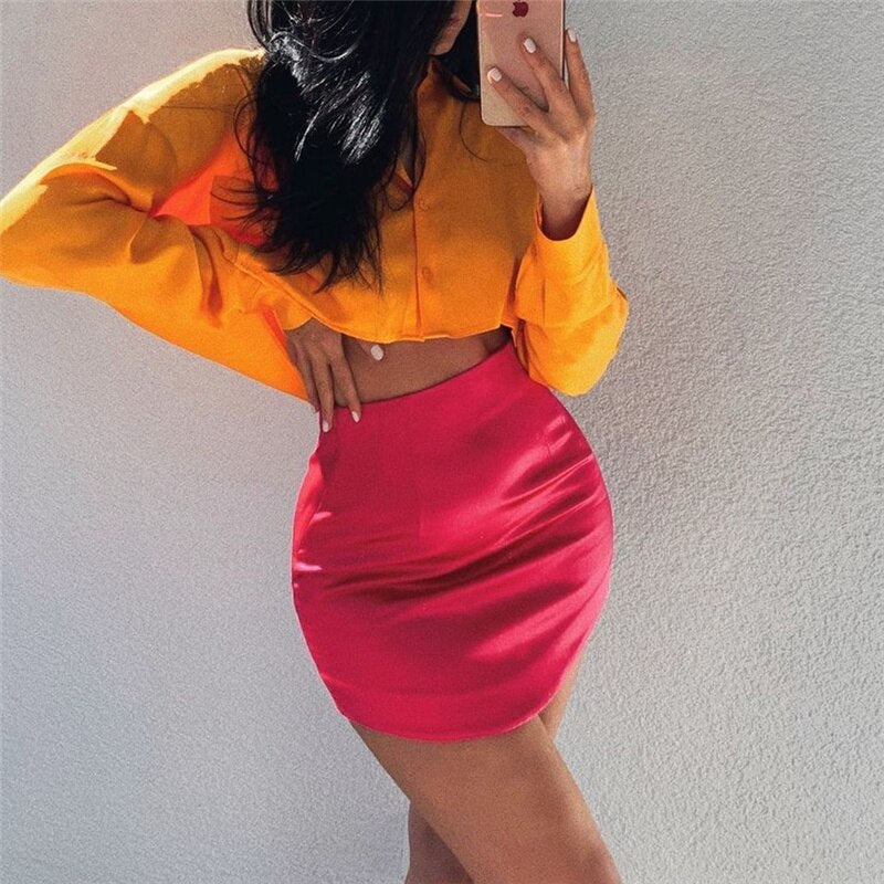 Woman Elegant Rose Red Satin Mini Skirt 2021 Spring Fashion Shiny High Waist Short Skirts Girls Y2K Slim Streetwear Skirt