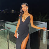 LLYGE Elegant  Slip Slit Bodycon Maxi Dress For Women Backless Straps Prom Long Dresses 2023 Summer Party Evening Birthday Woman