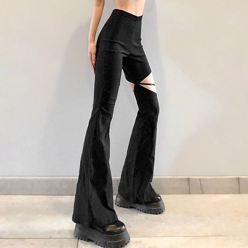Llyge  Graduation party  Punk Black Women Flare Pants Gothic Y2K Solid Elastic High Waist Joggers Casual Streetwear Hollow Out Trousers