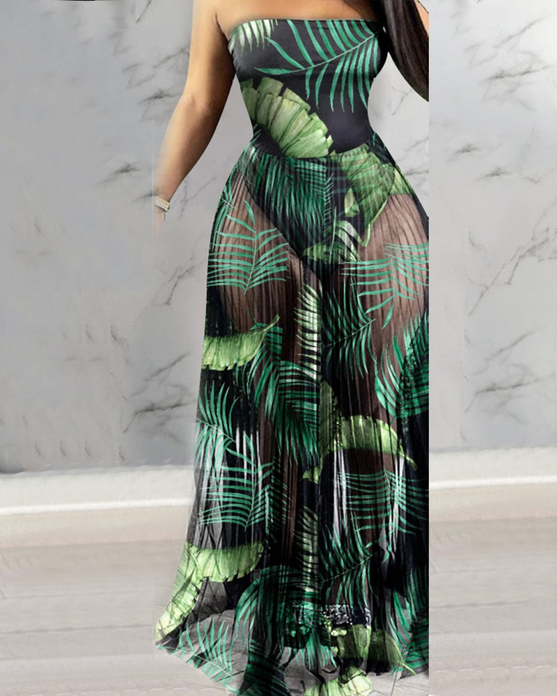 Llyge 2023 Summer Boho Style Off Shoulder Floral Print See-Through Sheer Mesh Women's  Maxi Dress Casual Beachwear Cover Dresses