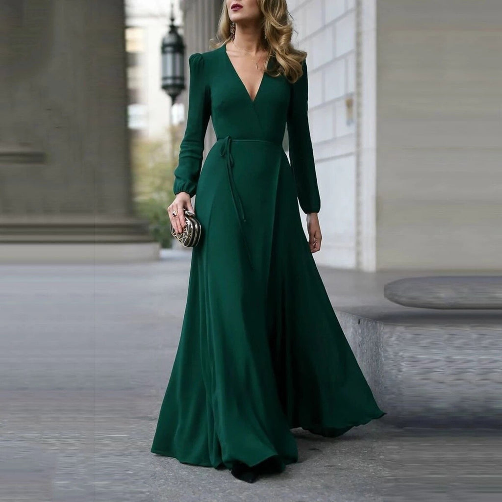 Llyge Elegant Women V Neck Long Sleeve Satin Sundress Stylish Solid A-Line Maxi Casual High Waist Vestido Robe Party Long Dress
