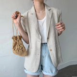 Llyge  Elegant Cotton Linen White Blazer For Women Notched Short Sleeve Solid Minimalist Blazers Female Chic New Summer Jackets