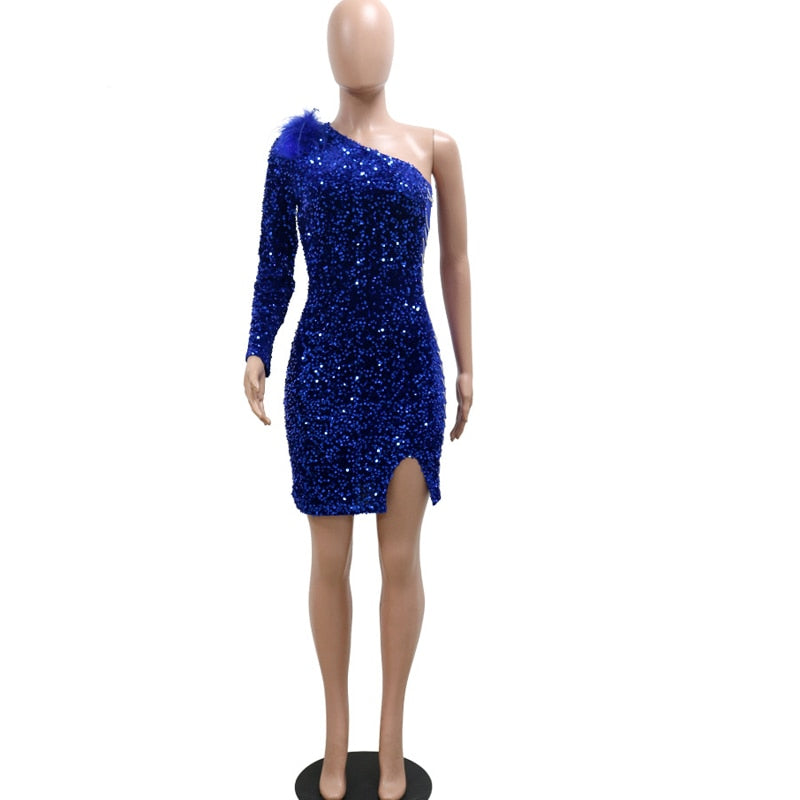 Llyge Sparkle Royal-Blue Sequins Feathers & Rhinestones Mini Dress Women Single Shoulder Sequins Birthday Dress Clubwear