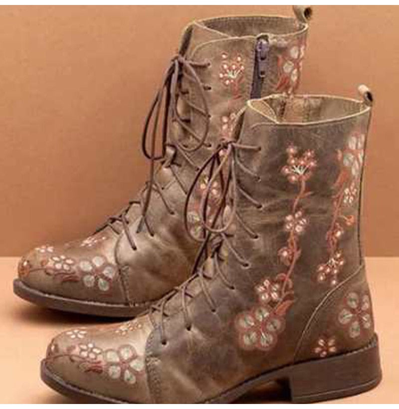 Llyge Woman Ankle Boots Embroidery Big Size 43 Flower Boots 2023 Women Autumn Winter Lace Up PU Leather Female Footwear Ladies Shoes