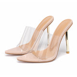 LLYGE New Summer Women Pumps Transparent PVC Slippers Women Pointed Toe Metal High Heels Sandals Ladies Mules Shoes Size 41 42