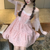 Llyge  Graduation Party  Strap Kawaii Princess Dress Women Summer 2023 Japanese High Waist Sweet Dress Sleeveless Lace Floral Casual Korean Clothing