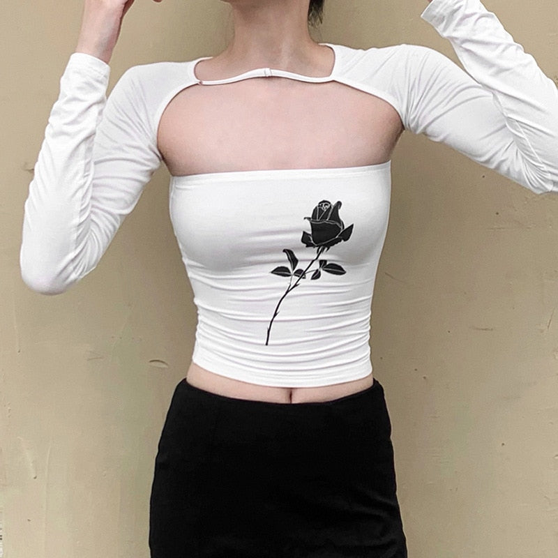 Llyge  Hollow Out T Shirt Floral Print Tube Tops Long Sleeve Backless Crop Tops Streetwear Basic Women Tight Tees 2 Piece Suit