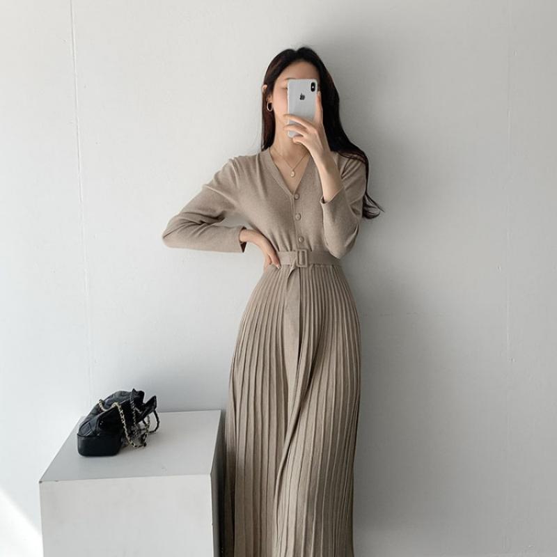 Llyge Women Sweater Dress 2023 Thicken Winter Knitted dress Belted female's Elegant V-neck robe Single-breasted A-line woman clothes