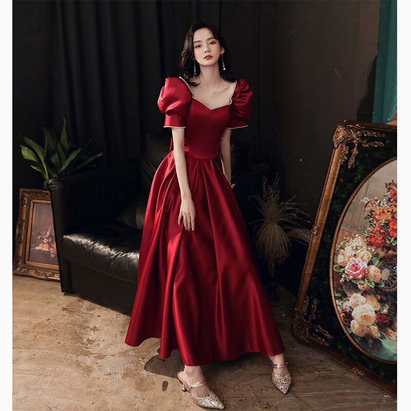 Llyge 2023 French Style Square Collar Bow Pearl Puff Sleeves A-Line Wedding Party Formal Dress Homecoming Graduation Dresses Robe De Soiree