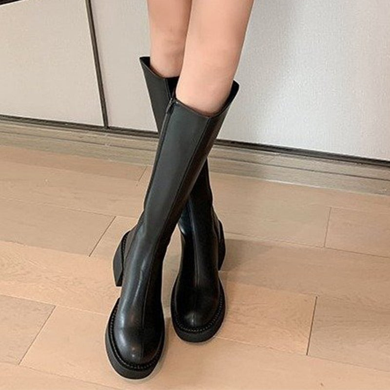 Llyge Women's Fashion Thigh High Long Boots Solid Square Heels Ladies Shoes Autumn Winter Soft Leather Zip Female Knee High Boots 2023