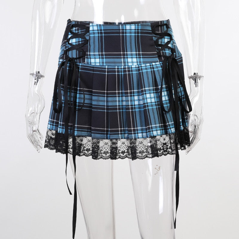 LLYGE Mall Gothic Grunge Summer Mini Skirt Women Punk Y2K Vintage Lace Harajuku Streetwear High Waist Skirt Bandage  Skirt