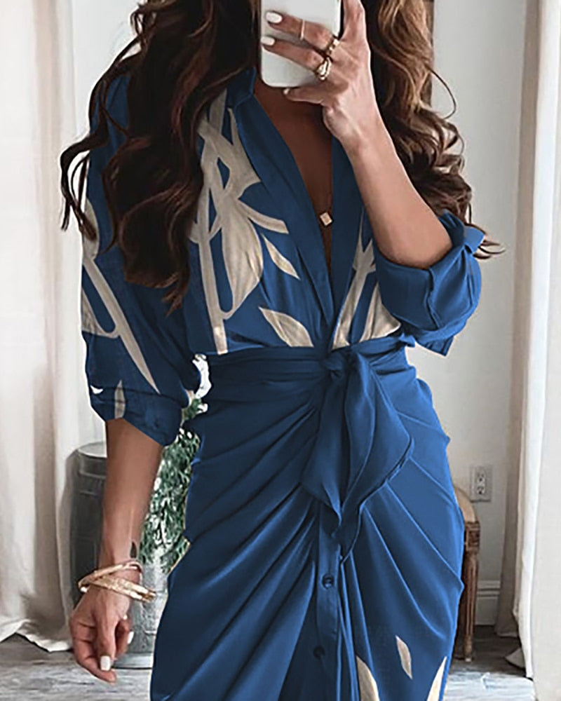 Llyge  2023 Women Summer  Leaf Pattern Print Tied Detail Ruched Shirt Dress Casual Vintage Bodycon Party Long Dresses