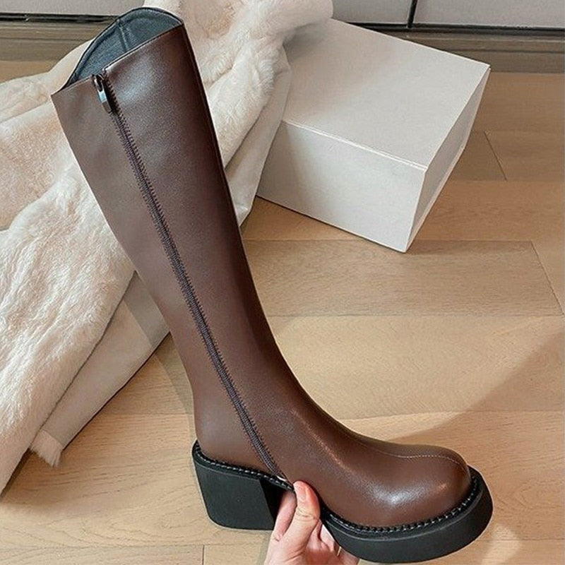Llyge Women's Fashion Thigh High Long Boots Solid Square Heels Ladies Shoes Autumn Winter Soft Leather Zip Female Knee High Boots 2023