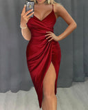 Llyge 2023 Women Fashion Elegant Party Solid Sleeveless Cocktail Red Dress  Ruched High Slit Wrap Midi Dress Spaghetti Strap