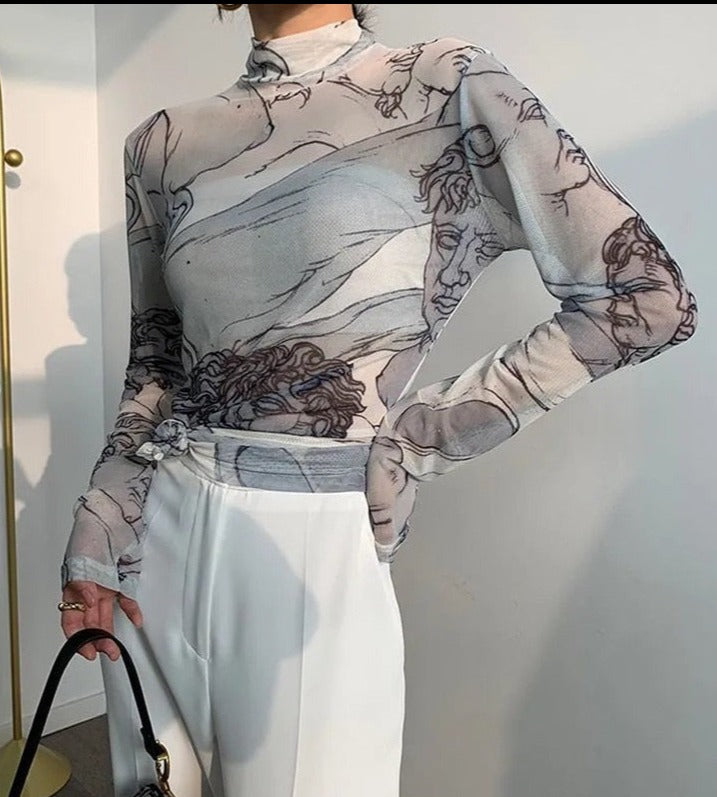 LLYGE Back to School Turtleneck Mesh Blouse Women Renaissance Print Long Sleeve See Through Top Ladies Sheer Designer Top Clothing