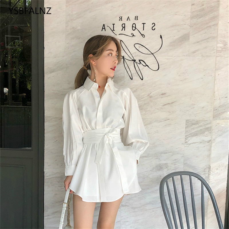 llyge 2023   Summer Women Two-piece Set Korean Fashion Clothing Loungewear Waist Down Shirt Long Sleeve Tops + Wide Leg Shorts Vestiti