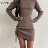 LLYGE Long Sleeve Knitted Mini Dresses For Women High Neck Casual Drawstring Party Bodycon Dress 2022 Autumn Winter White Brown Black