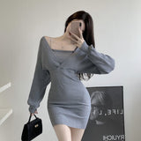Llyge  2023  Autumn Winter New Women knitting Sling V-neck  Slim bodycon dress  Korean High waist Fake two Long sleeve Dress Vestidos