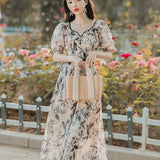 Llyge  Graduation Party Vintage Fairy Midi Dress Women Elegant Design Floral Print Princess Dress Summer One-piece Dress Korean Sashes Party Female 2022