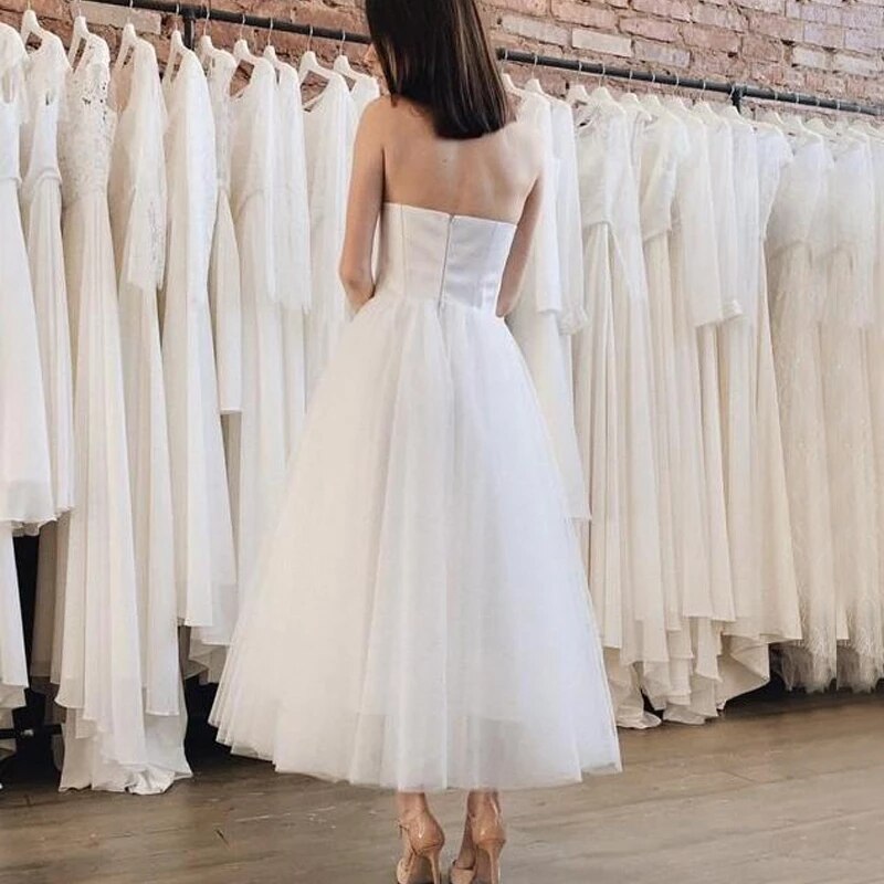 Graduation Prom Llyge 2022 vestido de noiva White Tulle Tea Length Wedding Gowns A-Line Cheap Illusion Wedding Dress Custom Made Beach Bridal Gowns