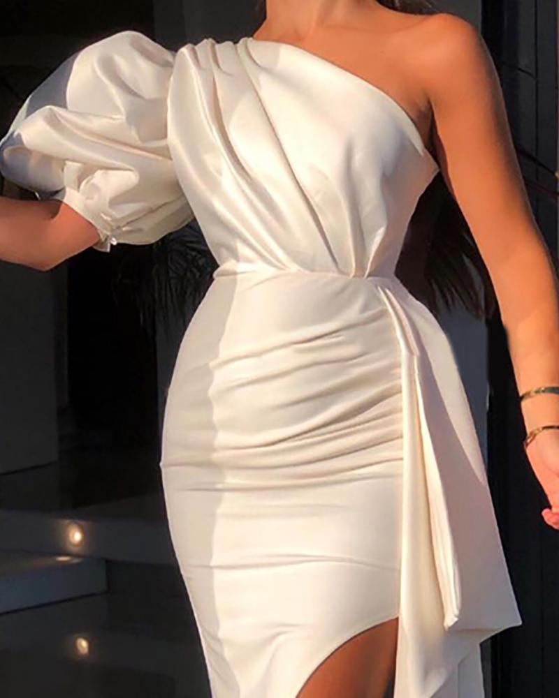 Llyge 2023 Fashion One Shoulder Puff Sleeve Ruched Slit Party Evening Dress Summer Asymmetric Midi Long  Robes Workwear Ball Gowns