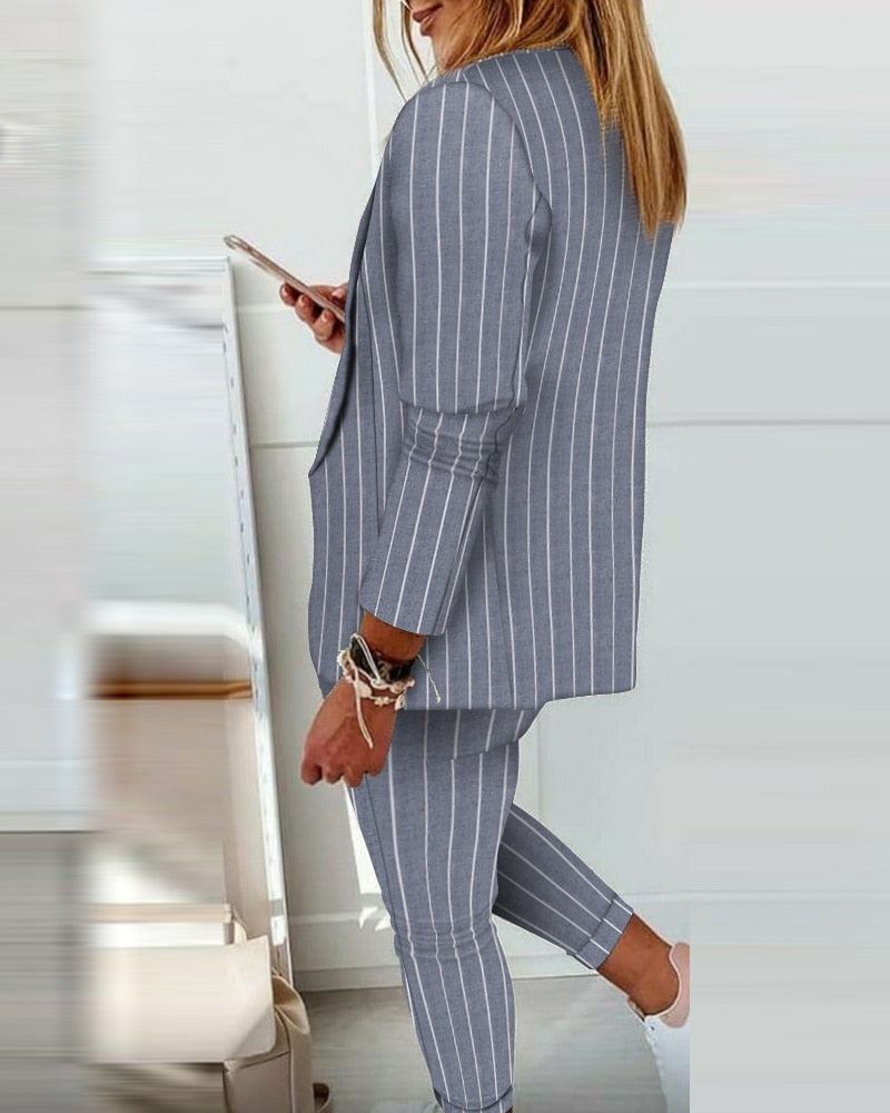 Llyge  2023 Women Autumn Lapel Collar Plaid Blazer Coat & Drawstring Pants Set Long Leggings Suit Work Wear 2 Piece Jacket Outfits