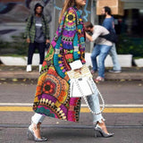 llyge 2023  Autumn Vintage Colorful Block Print Women Long Coat  Fashion Long Lantern Sleeve Jacket Plus Size Female Elegant Windbreaker