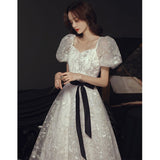 Llyge 2023 Elegant New White Evening Dresses Square Collar Gold Glitters Floral Print Banquet Gowns Puff Sleeves Princess Dress Vestidos