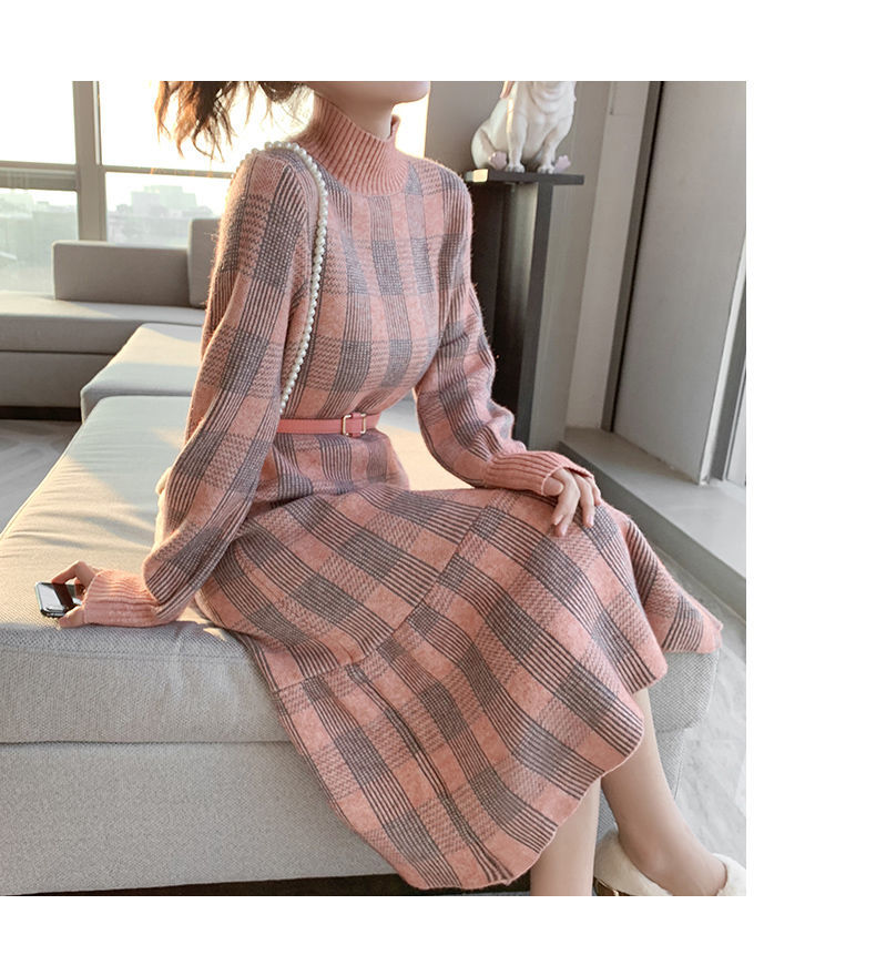 Llyge Maxi Plaid Turtleneck Pink Sweater Dress For Women Winter Korean Knitted Vintage Casual Bodycon Fashion Dresses Loose Robe Woman