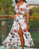 Llyge  2023 Women Holiday Summer Floral Leaf Print Patchwork Crop Tops High Slit Maxi Dress Two Piece Set Suit  Long Beach Skirt
