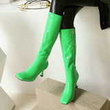 Llyge Big Size 45 Women Knee High Boots Patent PU Leather Candy Colors Ladies Calf Boots Fashion Thin High Heel Square Toe Women Boots