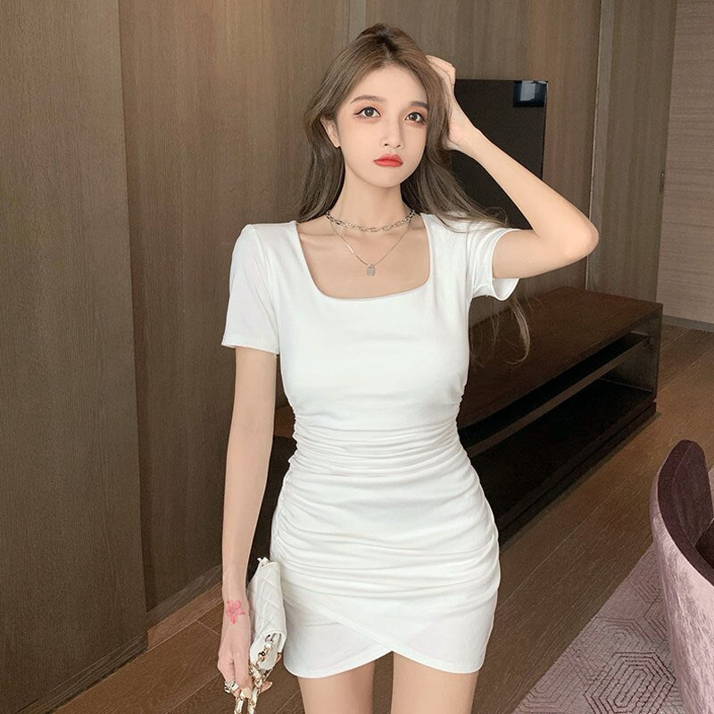 Llyge  2023  Summer Solid Women Dress Vintage Square Collar Short Sleeve Mini Dress Korean  Temperament Tight Clothing Dresses