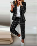 Llyge  2023 Women Autumn Lapel Collar Plaid Blazer Coat & Drawstring Pants Set Long Leggings Suit Work Wear 2 Piece Jacket Outfits