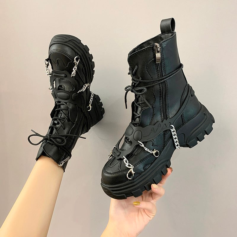 Llyge 2023 Spring Leather Womens Ankle Boots Mid Heel Lace Up Worker Army Black Goth Shoes  Chain High Quality Motorcycle Boots