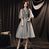 Llyge 2023  Fashion Gray Midi Long Evening Dresses 2023 New Luxuruy Beading Sequins Women Cocktail Dress Glitter Tulle Formal Party Gowns
