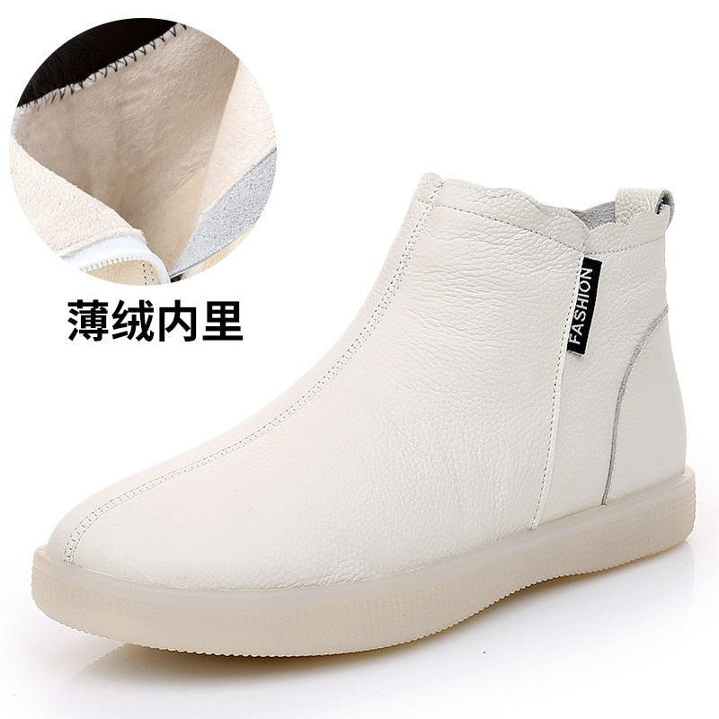Genuine Leather Cow Women Ankle Boots Warm Wool Motorcycle Slip on Super Comfortable Booties Winter Shoes White Black