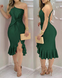 Llyge 2023 Women Spring Autumn Plain One Shoulder Ruffle Hem Twist Slit Dress Party Solid Sleeveless