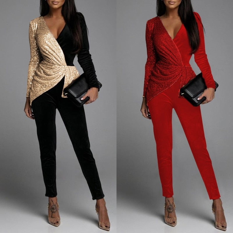 Llyge  2023 New Women  Colorblock Sequins Velvet Ruched Long Sleeve Jumpsuit Casual Long Skinny Pants Work Outfits
