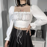 Llyge  Graduation party  Gothic Black Top Women White Square Neck Long Puff Sleeve Ruched Bandage Crop Top Autumn Woman Party Blouse 2022 New