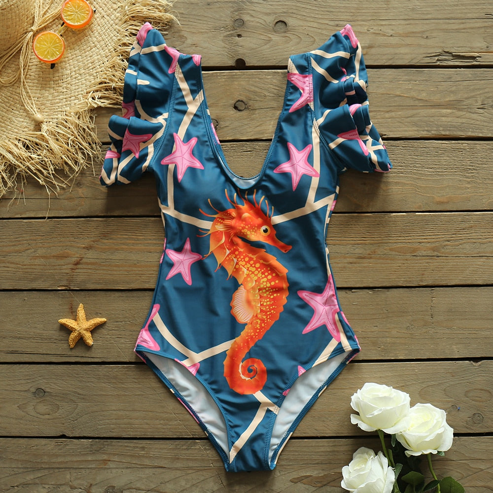Llyge 2023 New  One Piece Swimwear Women Ruffle Print Swimsuit Backless Deep-V Summer Bathing Suit Flounce Beach Wear Monokini