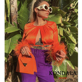 LLYGE  2023  Soid Orange Satin Crop Top Women Y2K Front Bow Tie Up Slim Low Cut Long Sleeve With  Furry Feathers Blouses