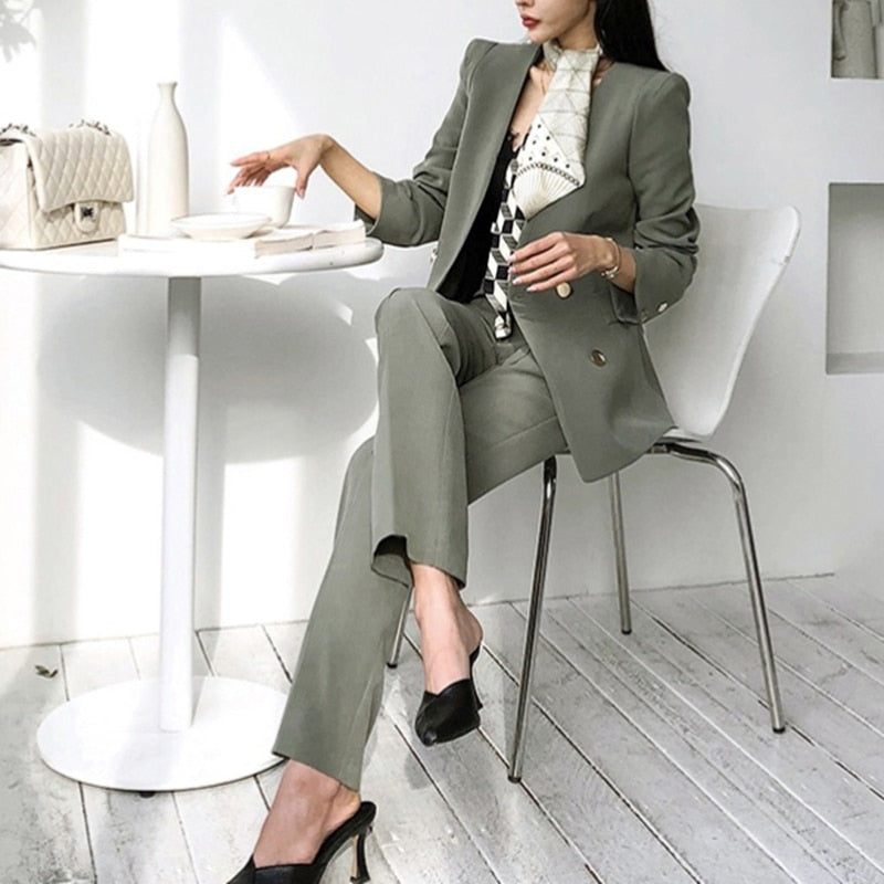 Spring Women Fashion Long Sleeve Blazer With Belt Pants Suit Set Office Lady Two Piece Sets Outfits