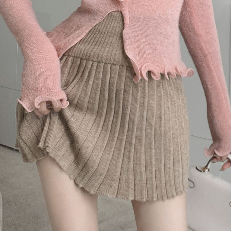 Llyge  2023 Autumn Winter Irregular Wavy Edge  Sweater  High Waist Knitting Folds Skirt Temperament Two-Piece Suit Ladies Club Tops