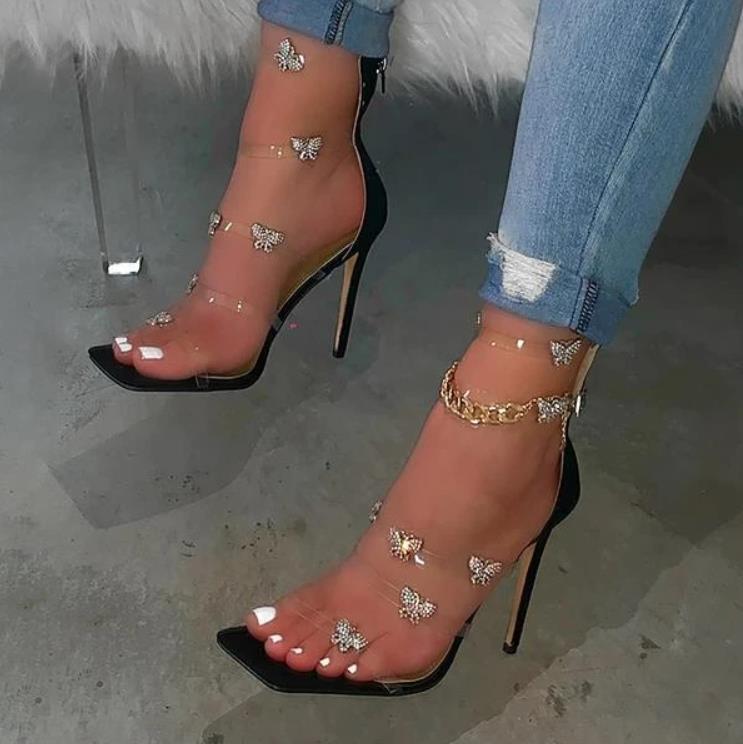 Women Square Toe High Heel Sandals Party Shoes Three Color Clear Acrylic Butterfly Design 2022 womens shoes