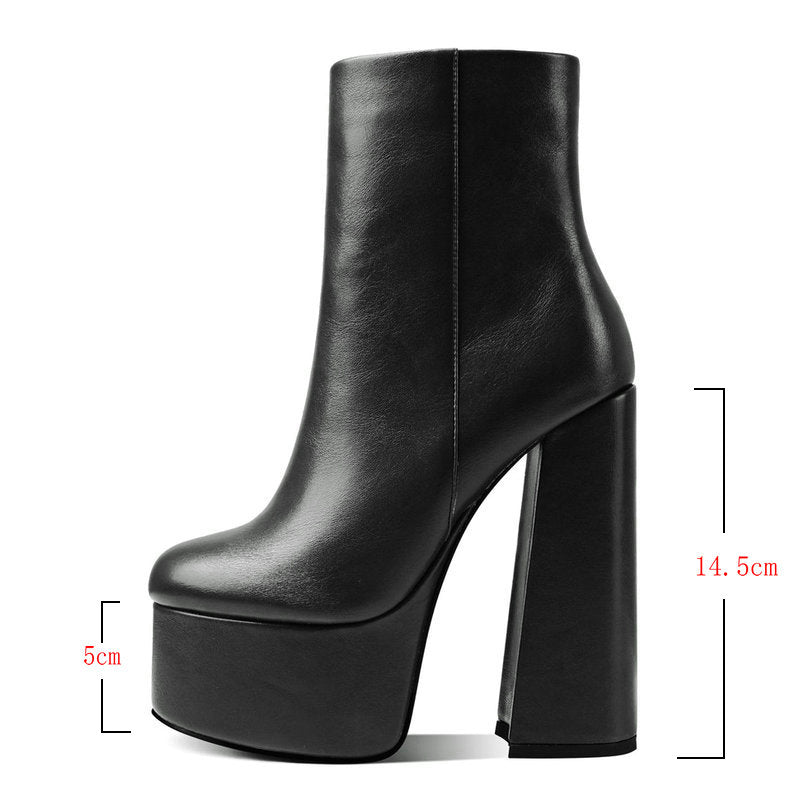 Llyge 2023 Women Ankle Boots Platform Square High Heel Ladies Motorcycle Boots Faux Leather High High Quality Women's Boots Black