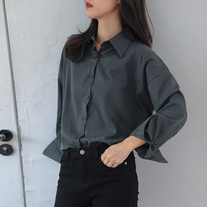 Llyge Retro Gray 2022 Spring Summer New Long Sleeve Notch Collar All-Match Blouse Coat Women Loose Casual Fashion Solid Shirts Ladies