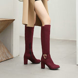Llyge 2023 New Faux Suede Women Knee High Boots Fashion Buckle Women Square Heel Boots Autumn Winter Ladies Shoes Black Blue Wine Red