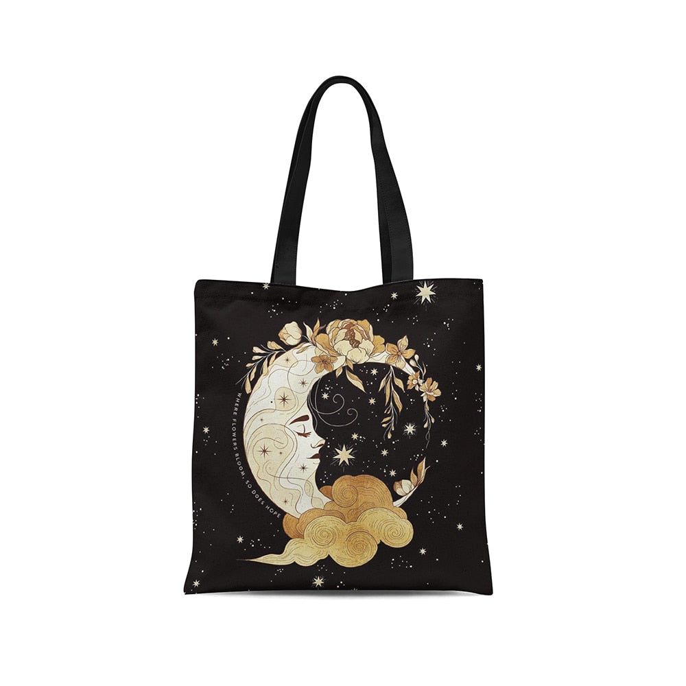 Retro Moon Art Tote Bag Women's Daily Casual Shopping Black One Shoulder Canvas Bag For Men Women ECO Groceries Bag With Zipper