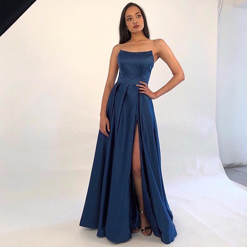 Graduation Prom Llyge  Long Prom Dress Strapless A-line Front Split Robe De Soiree Simple Satin Full Length Special Occasion Gowns
